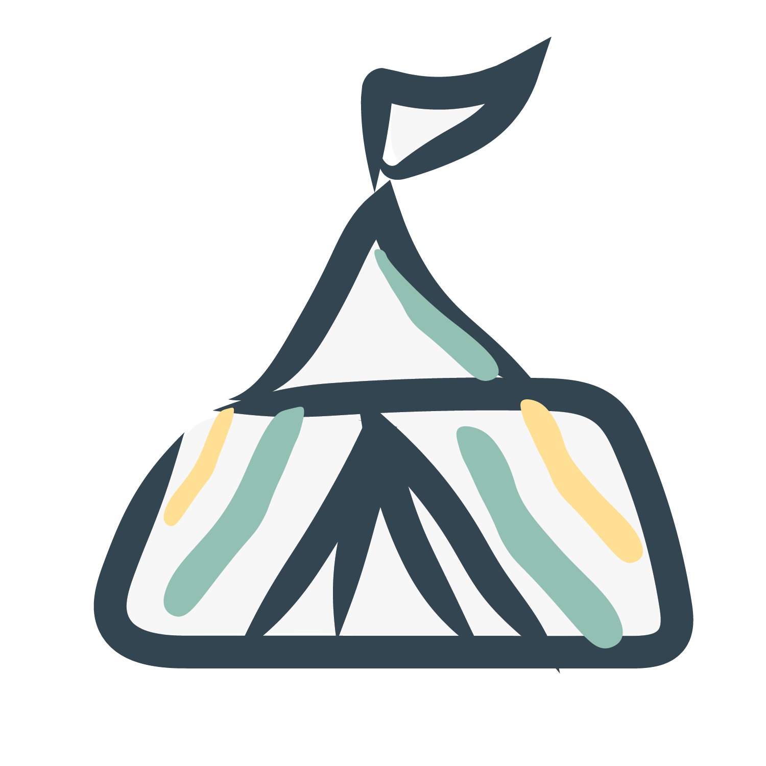 Abstract illustration of a tent with a flag on top, featuring geometric shapes and muted colors.