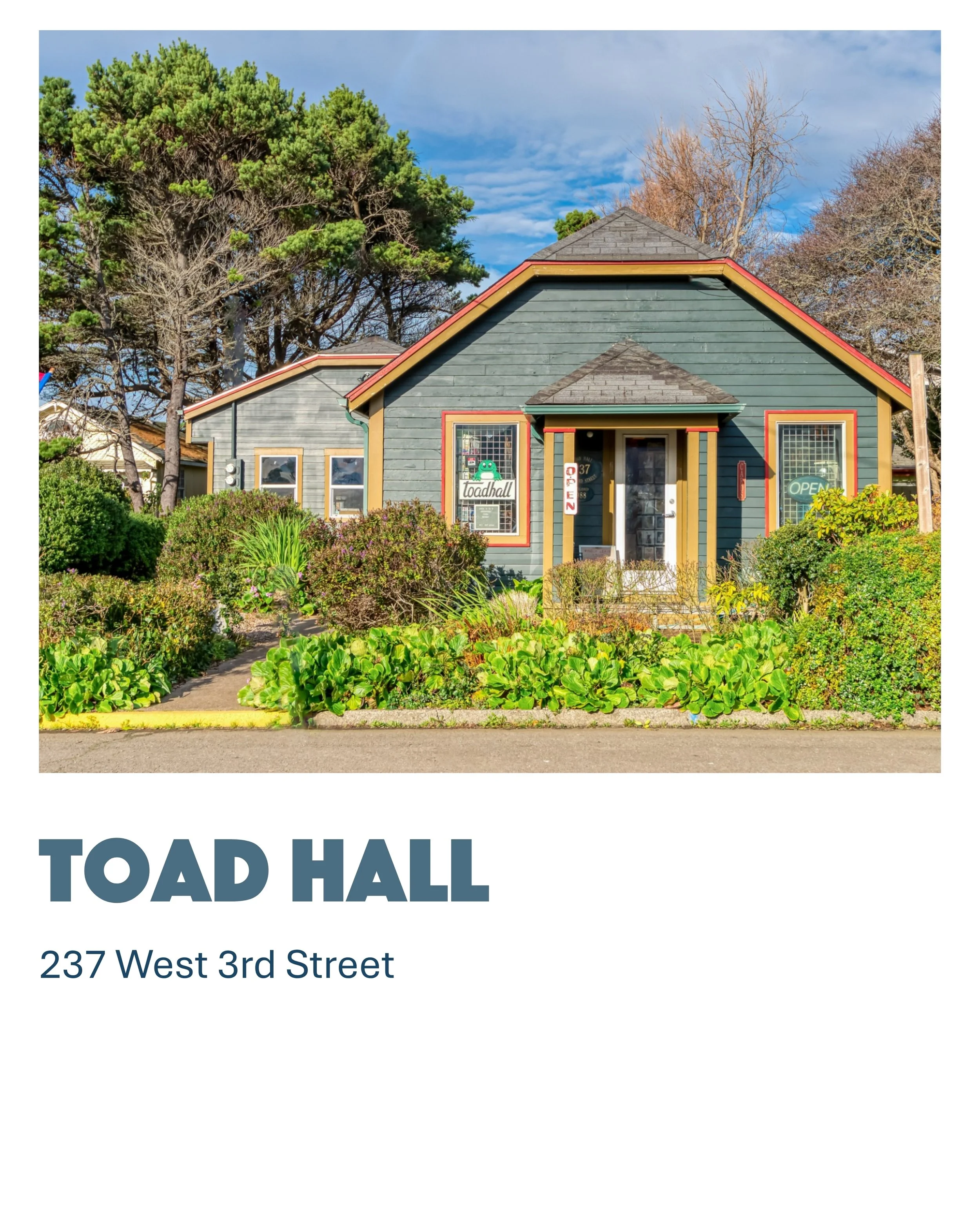 Front view of a small, colorful house with a garden, with signs indicating it is a business called Toad Hall located at 237 West 3rd Street.