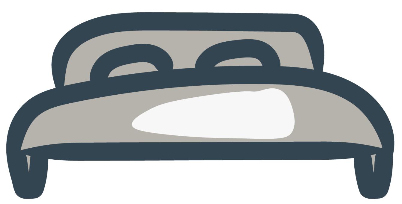 A stylized illustration of a person lying in a bed with two pillows, seen from the front.