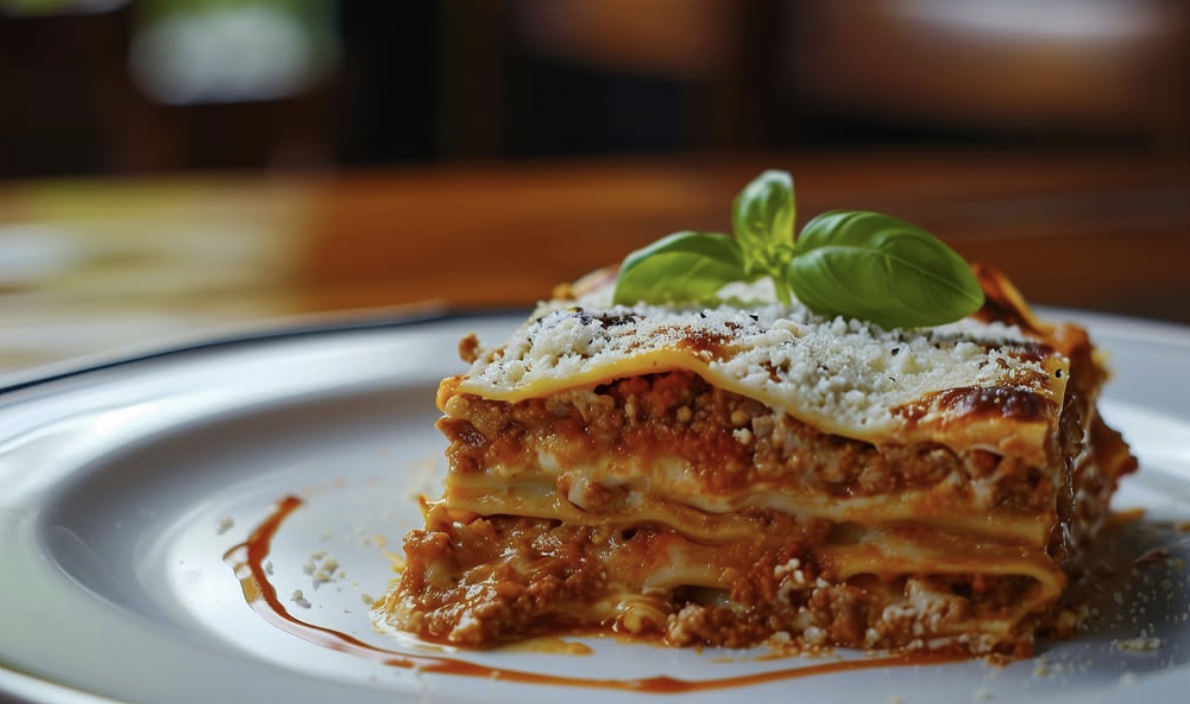 A close-up of a serving of lasagna on a white plate, topped with cheese and fresh basil leaves.