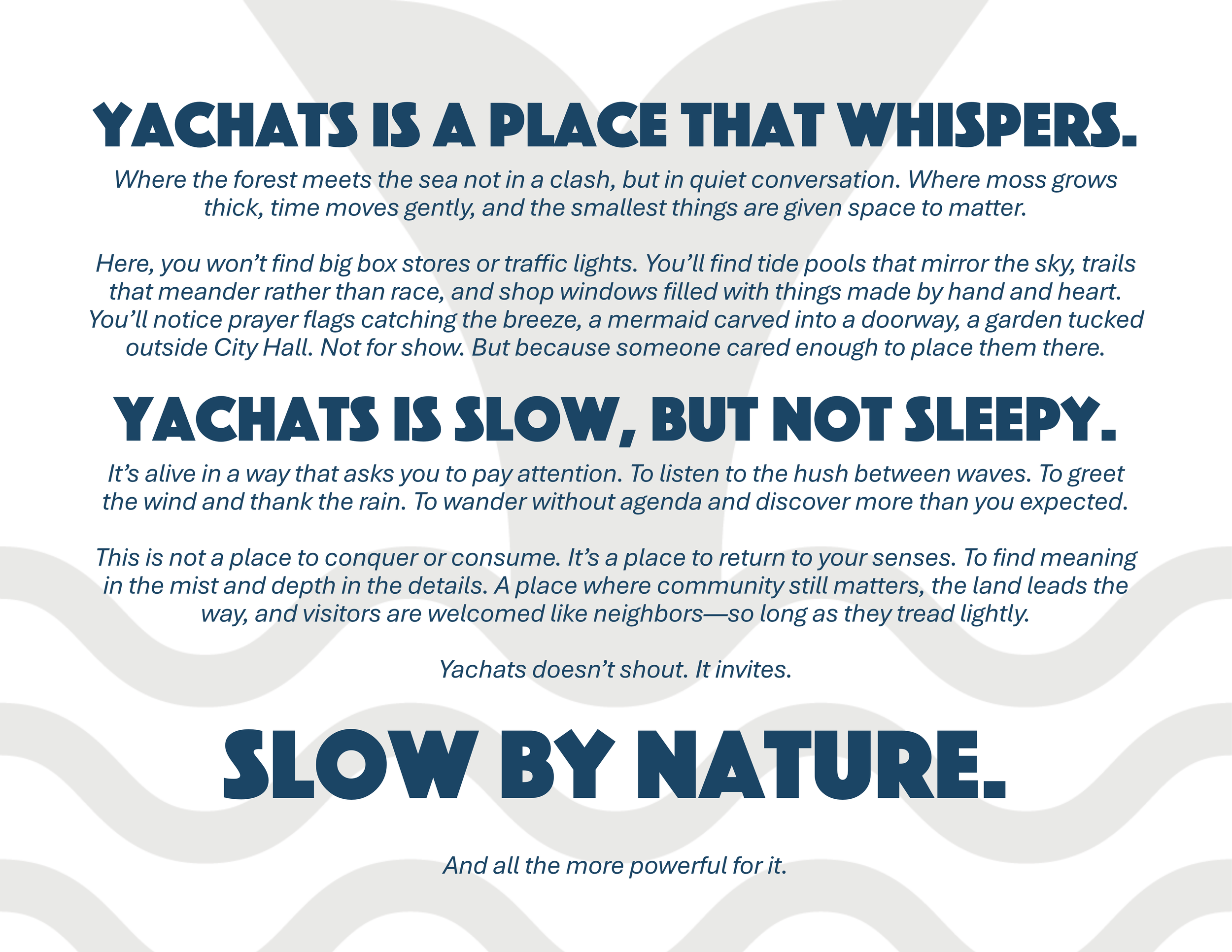 Text-based graphic with a poetic description of Yachats, a coastal town, emphasizing its quiet, slow-paced, and meaningful atmosphere, with large bold headings and flowing background wave patterns.