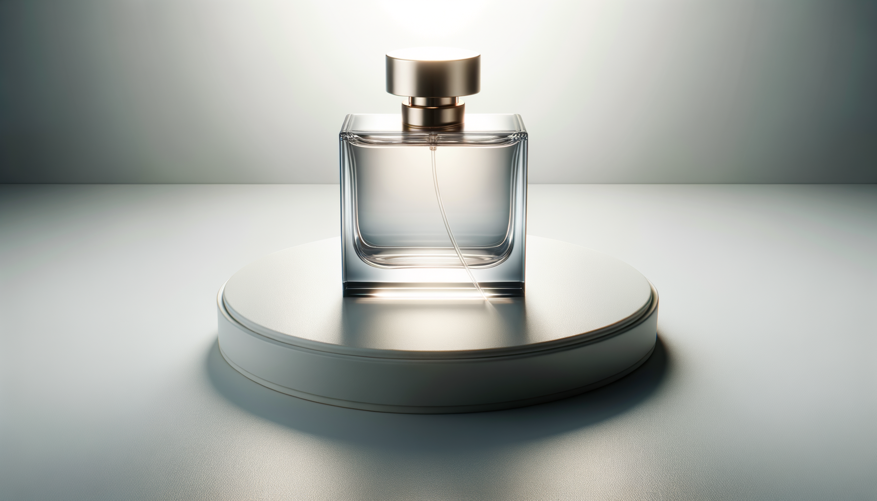 A clear glass perfume bottle with a metallic cap, placed on a round white display platform, with soft lighting and plain background.