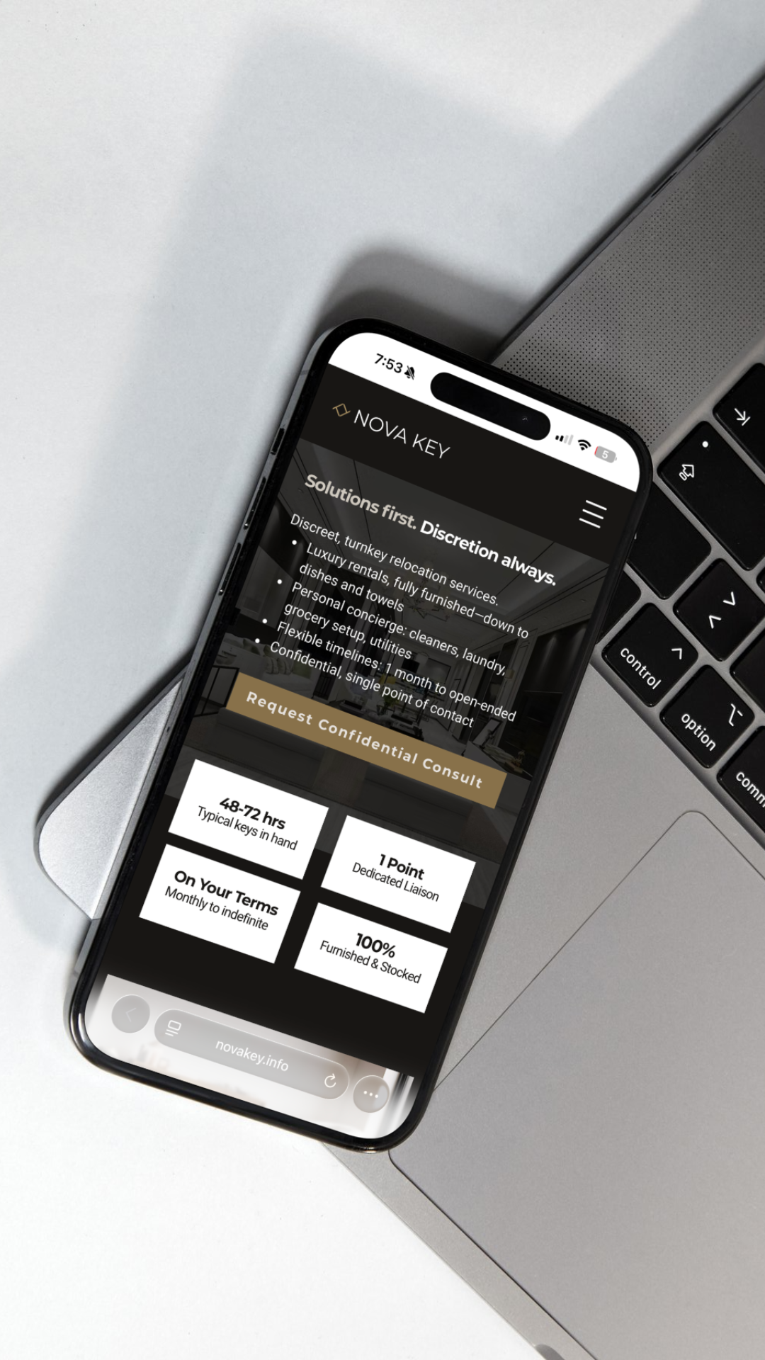 An image of an iphone displaying the homescreen of the Novakey.info website home page