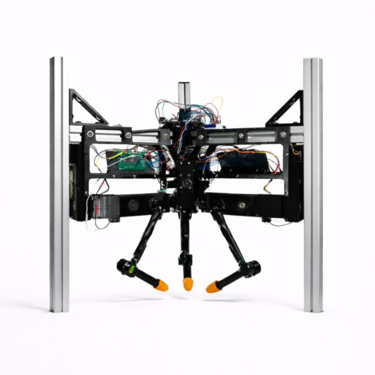 A robotic device under construction with wires, circuit boards, and metal framework on a worktable.
