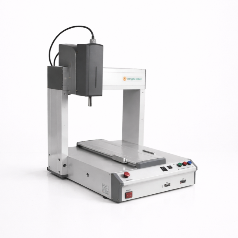 A desktop CNC machine with a control panel, equipped with a black motorized body, and a working bed for material placement.