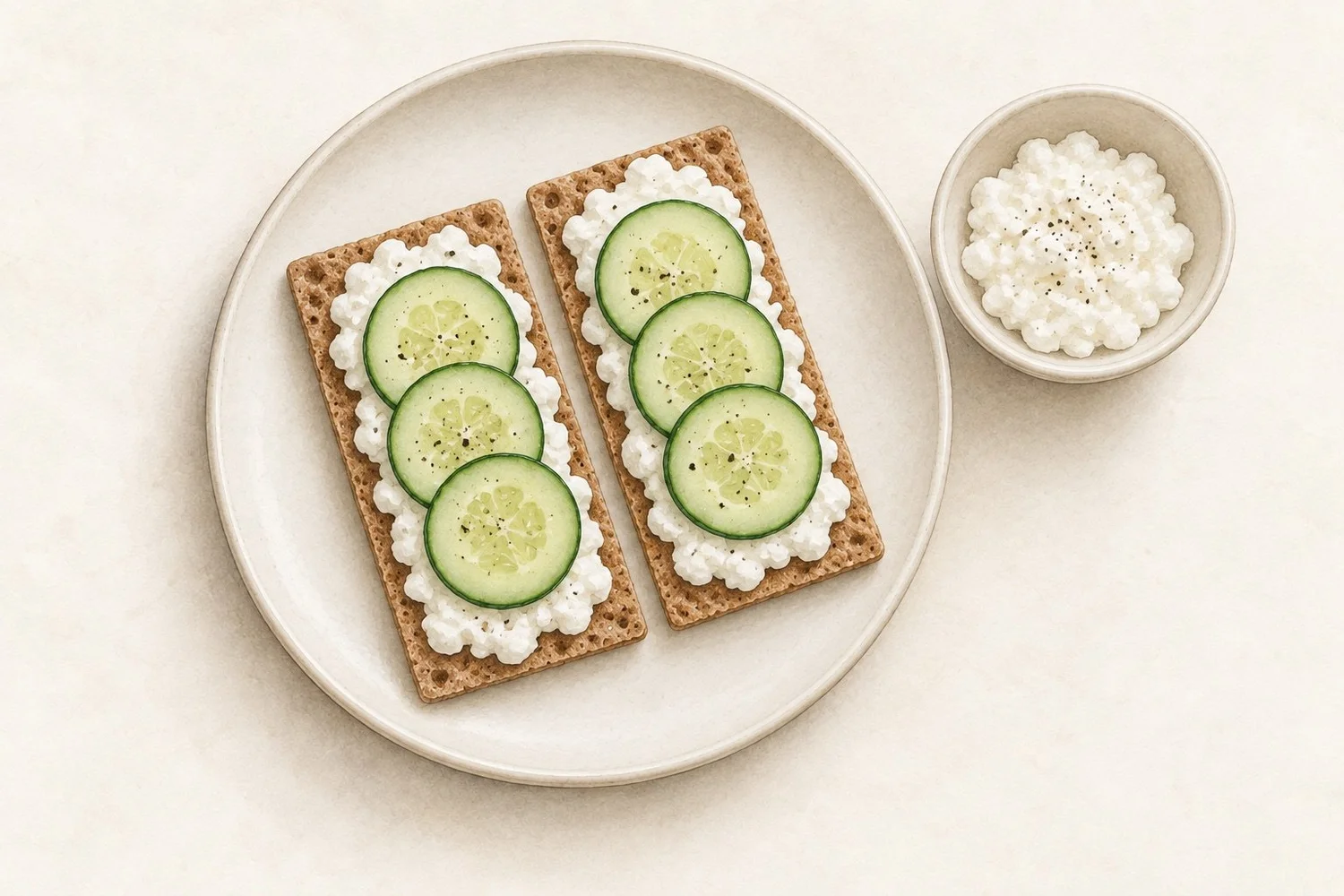 Watercolor illustration of two whole-grain crispbreads topped with cottage cheese and cucumber, with the remaining cottage cheese in a small bowl.