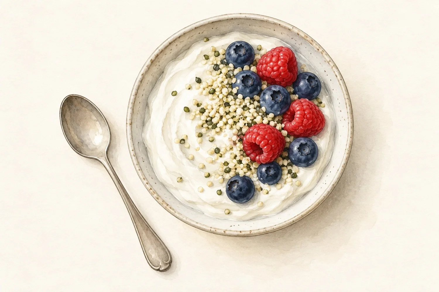 Watercolor illustration of plain Greek yogurt topped with hemp hearts, blueberries, and raspberries.