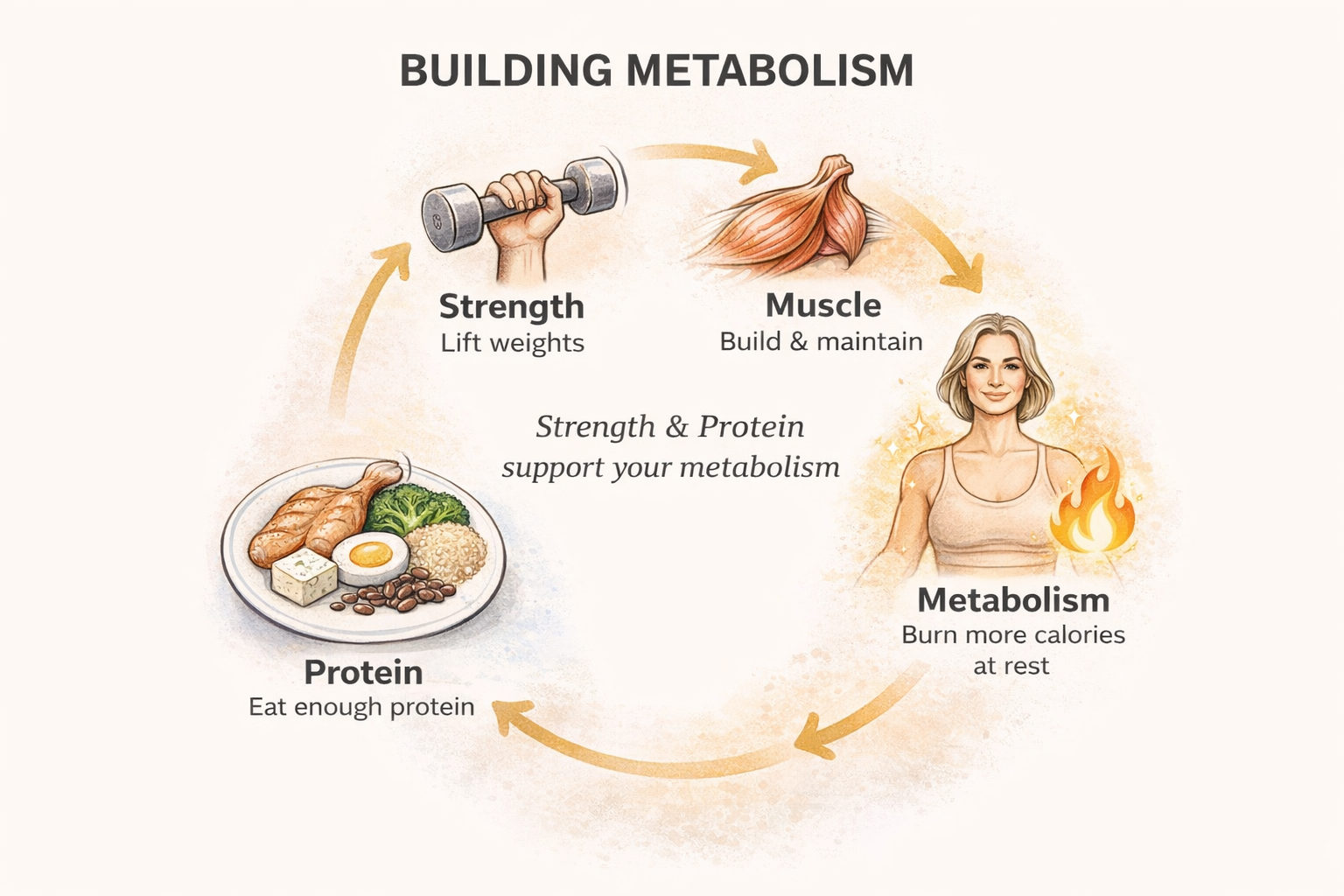 Infographic showing how to build metabolism, including key points like muscle burning calories and increasing BMR.