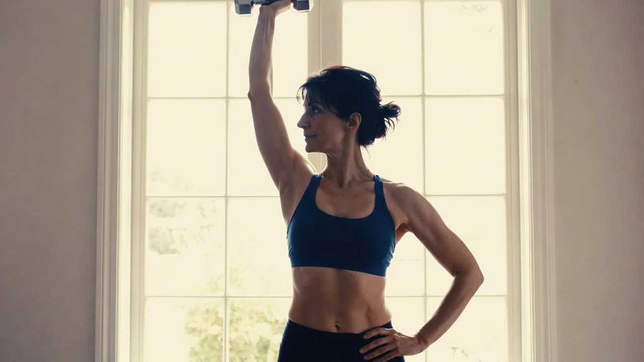 Woman in her early 40s doing a light dumbbell exercise at home to protect muscle during perimenopause