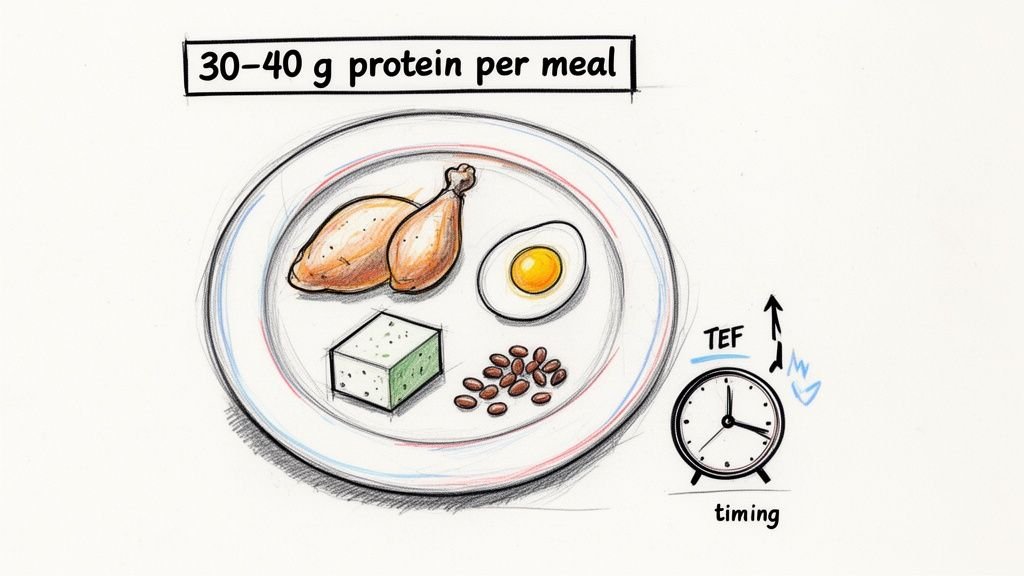 A plate with various protein foods like chicken, egg, tofu, and beans, next to a clock symbolizing meal timing.