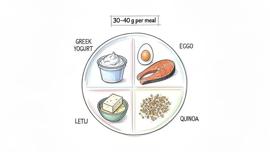 Illustrated guide showing protein sources on a plate: Greek yogurt, egg, salmon, tofu, and quinoa, suggesting 30-40g per meal.