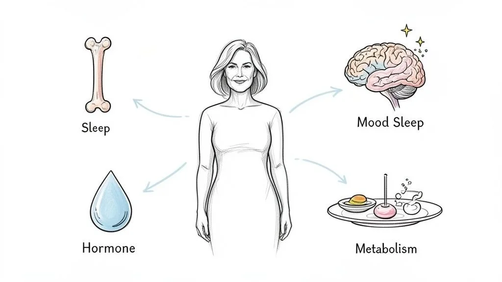 Illustration of a woman surrounded by icons representing sleep, mood, hormones, and metabolism, with arrows indicating connections.