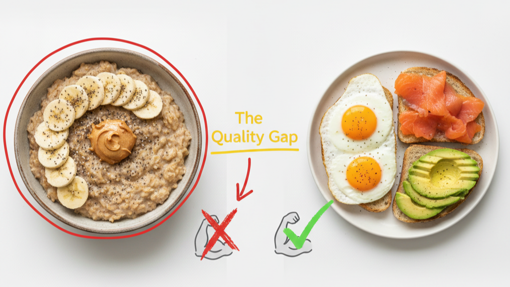 Comparison of oatmeal with banana and peanut butter to a balanced breakfast of eggs, smoked salmon, and avocado on toast, illustrating the breakfast quality gap.