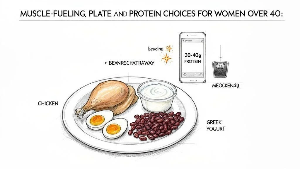 A diagram illustrating muscle-fueling protein choices for women over 40, featuring chicken, eggs, beans, and Greek yogurt.
