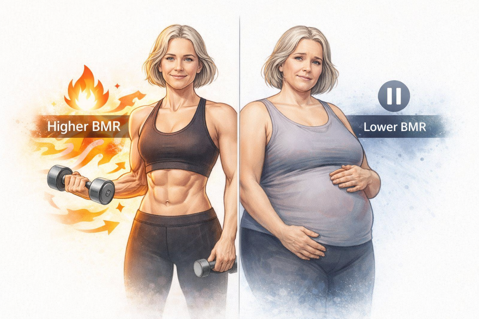 Illustration comparing muscle vs fat in women after 40, showing how muscle burns more calories at rest and supports metabolism.