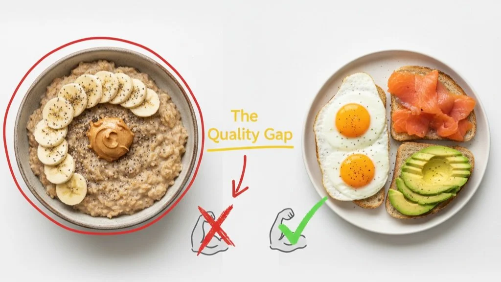 Visual illustration of the protein quality gap between plant-based oatmeal and a high-leucine breakfast with eggs and salmon.