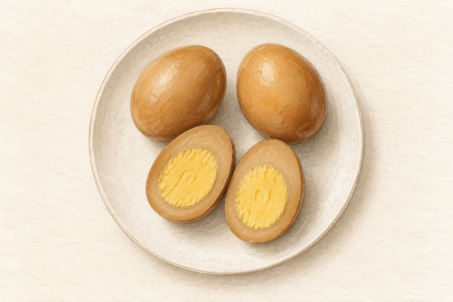Watercolor illustration of three peeled Korean baked eggs: two whole eggs and one cut into two halves, with tan whites and firm yellow yolks.