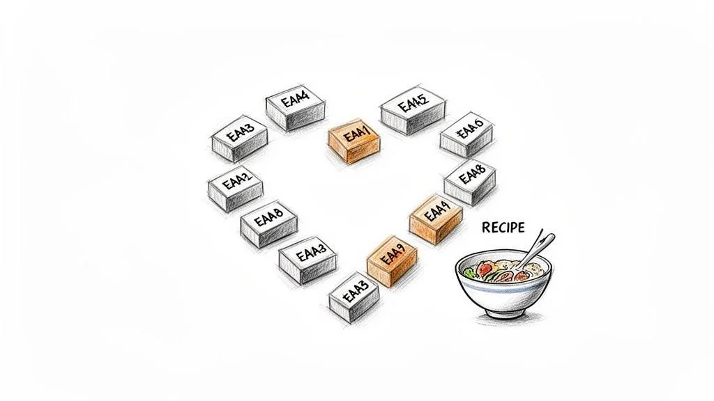 Illustration of EAA building blocks forming a heart, with a recipe bowl.