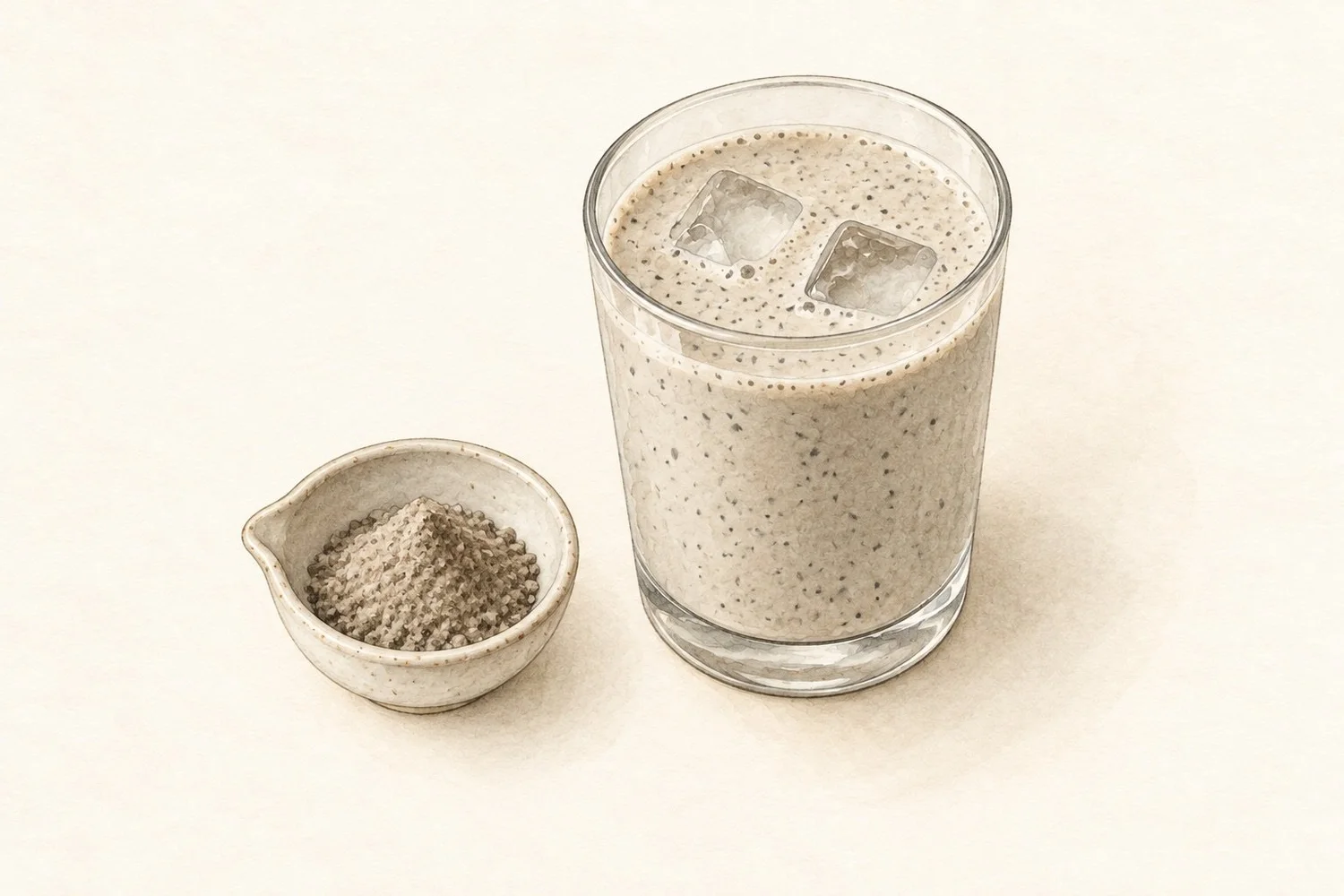 Watercolor illustration of an iced roasted black soybean and soy milk shake, with a small dish of soybean powder.