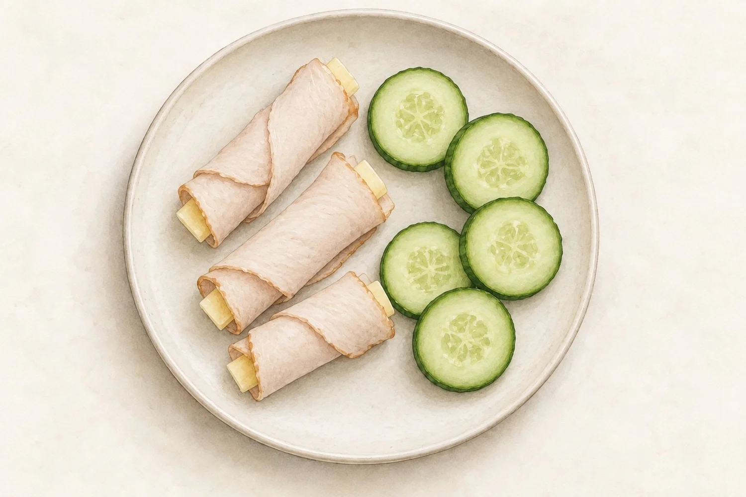 Watercolor illustration of three turkey roll-ups filled with thin Swiss cheese strips, beside five cucumber slices.