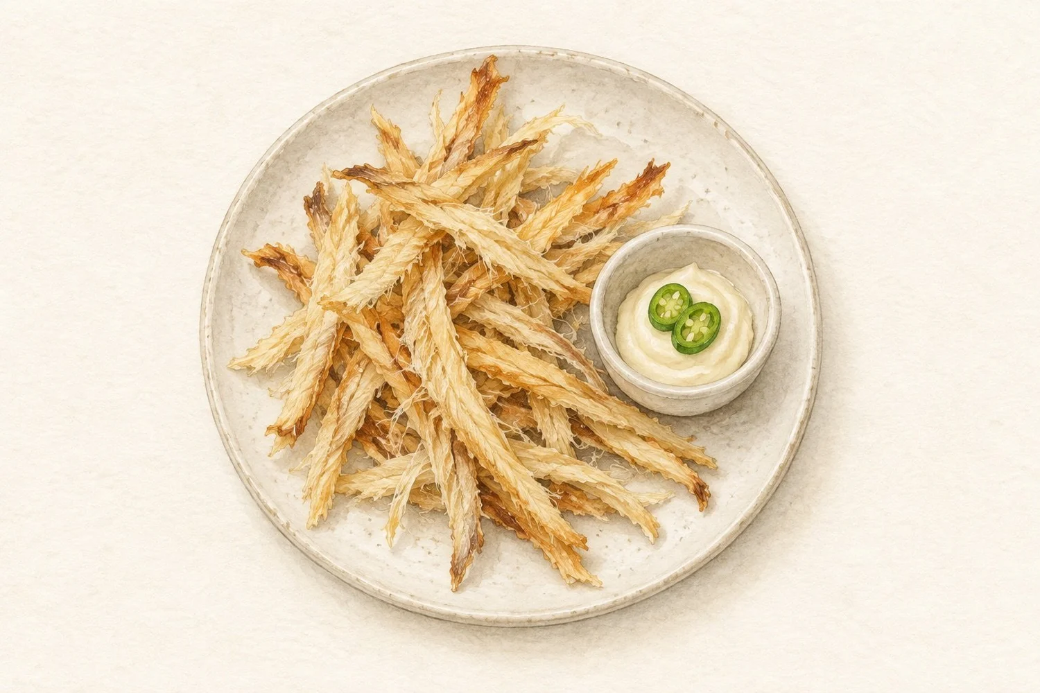 Watercolor illustration of fibrous golden dried pollack strips beside soy-mayo dip with two green-chili slices.