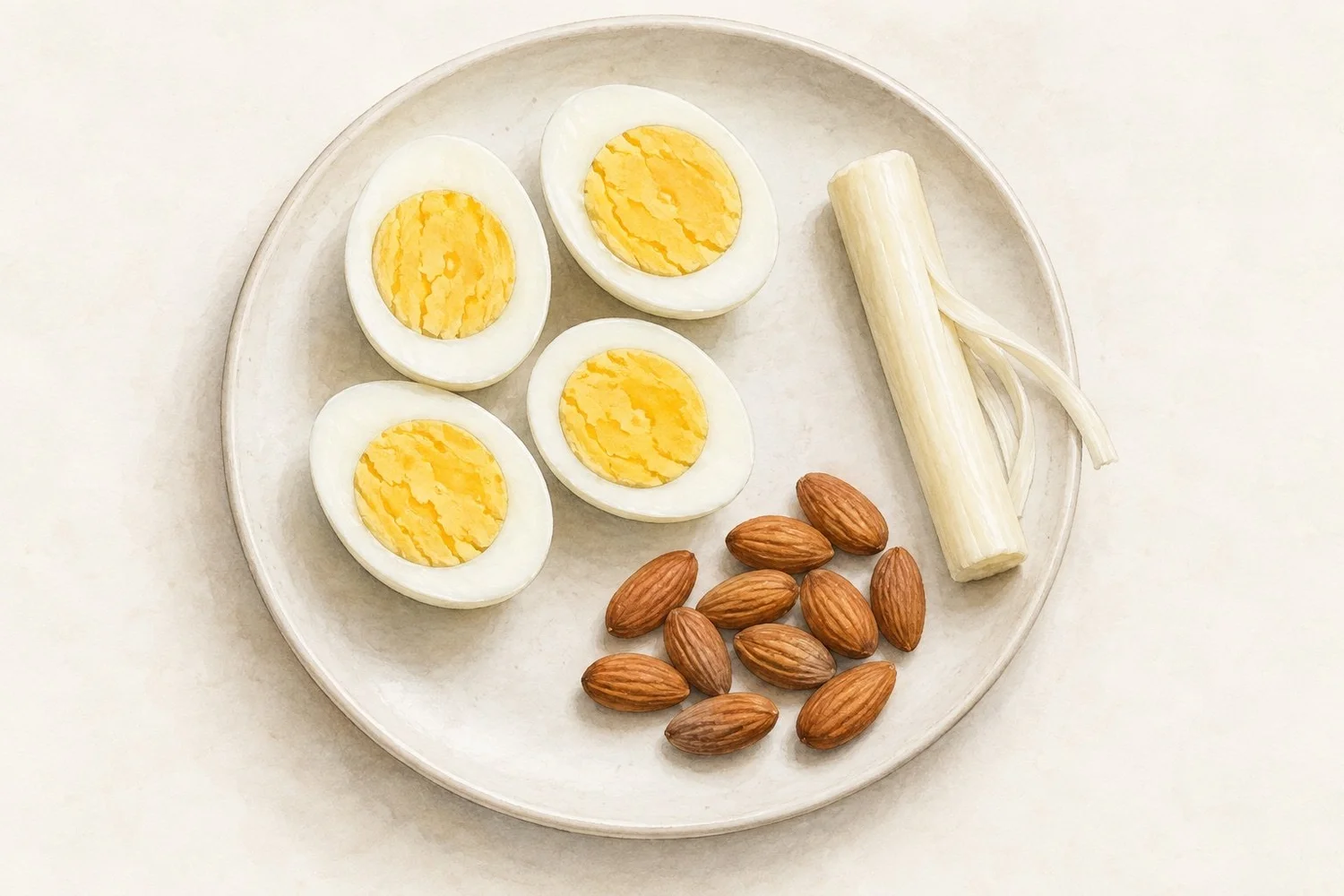 Watercolor illustration of two hard-boiled eggs cut into four halves, one mozzarella string cheese, and ten almonds.