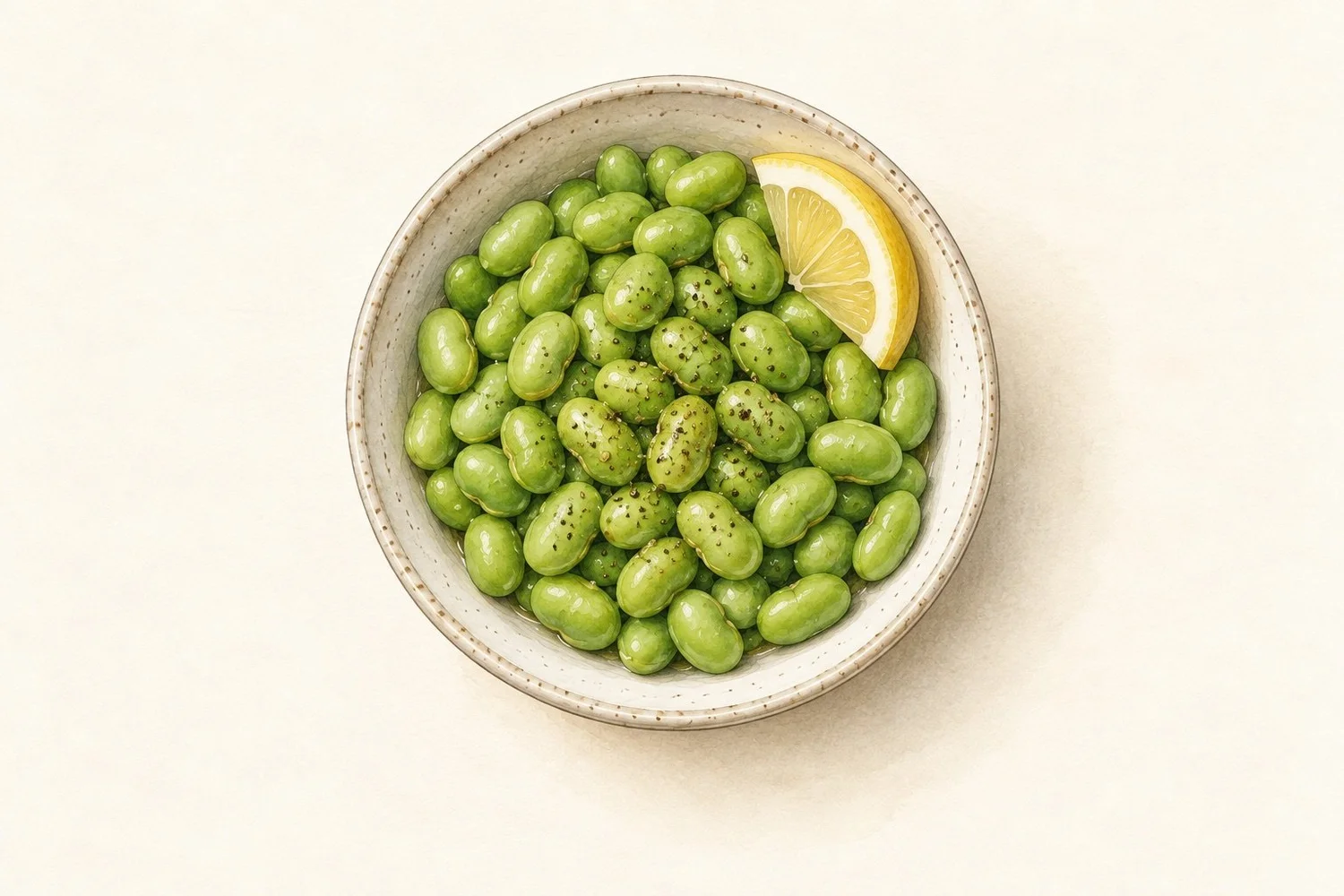 Watercolor illustration of cooked shelled edamame in a ceramic bowl, with black pepper and a lemon wedge.