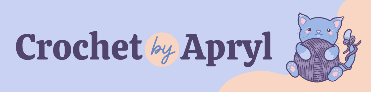 Logo for Crochet by Apryl featuring purple text, a light pink circle with cursive writing, and a cartoon blue cat holding a ball of yarn.