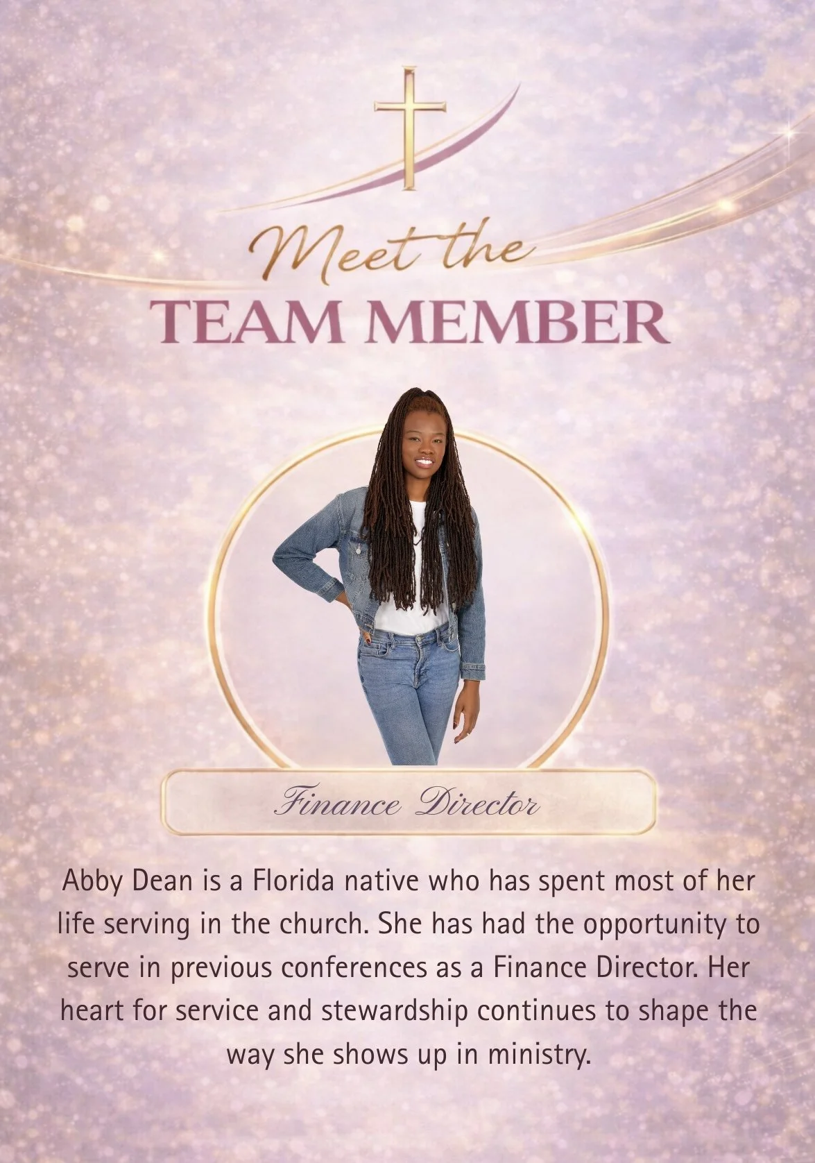 A church meet-and-greet poster introducing Abby Dean as the Finance Director. It features a woman with long dreadlocks dressed in a denim jacket and jeans, standing against a sparkly pink background with gold accents and a cross at the top.