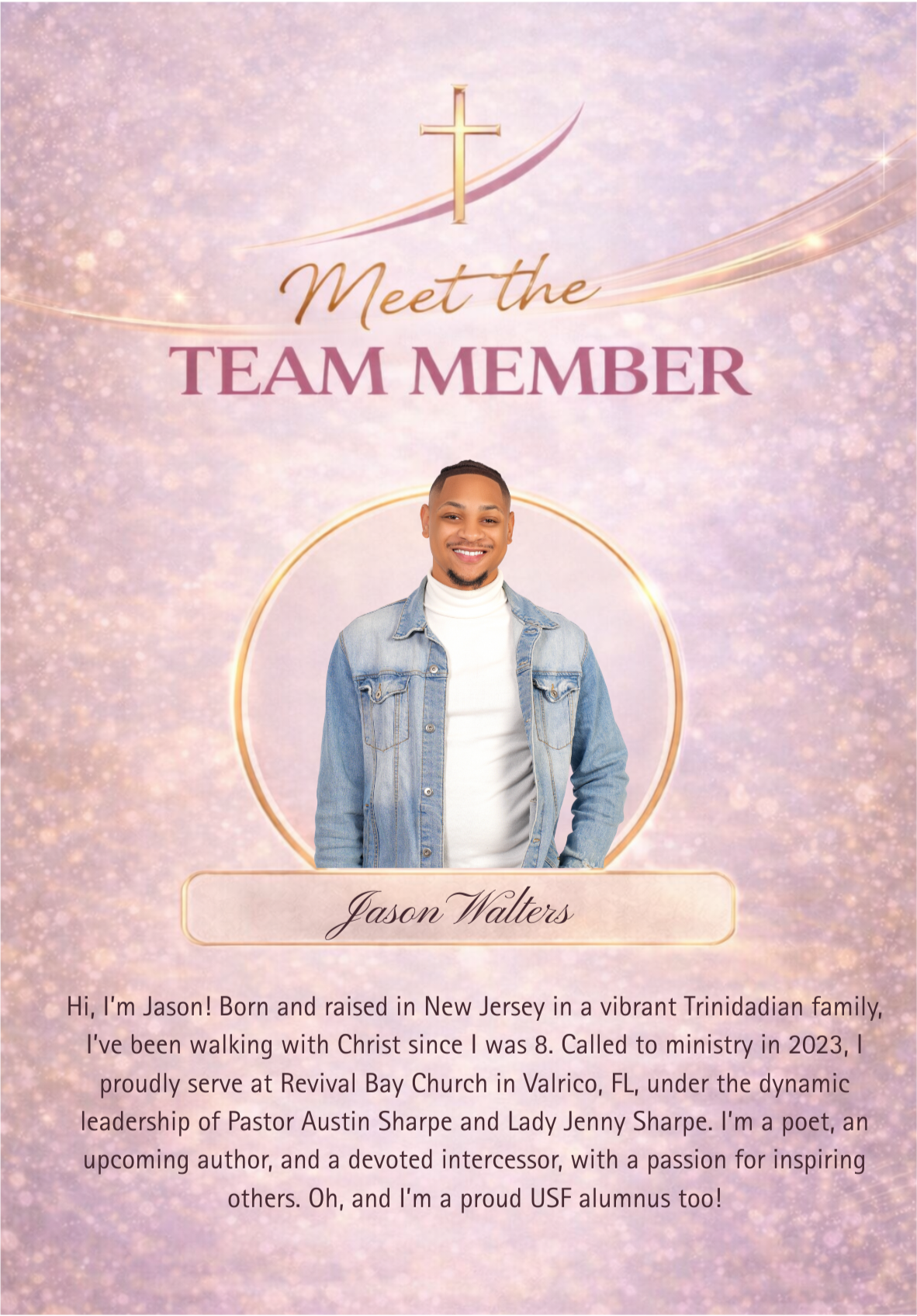A church-themed digital announcement featuring a smiling young man in a denim jacket and white turtleneck, with the text 'Meet the Team Member' and the name Jason Walters. The background is pink and purple with a cross and sparkles.