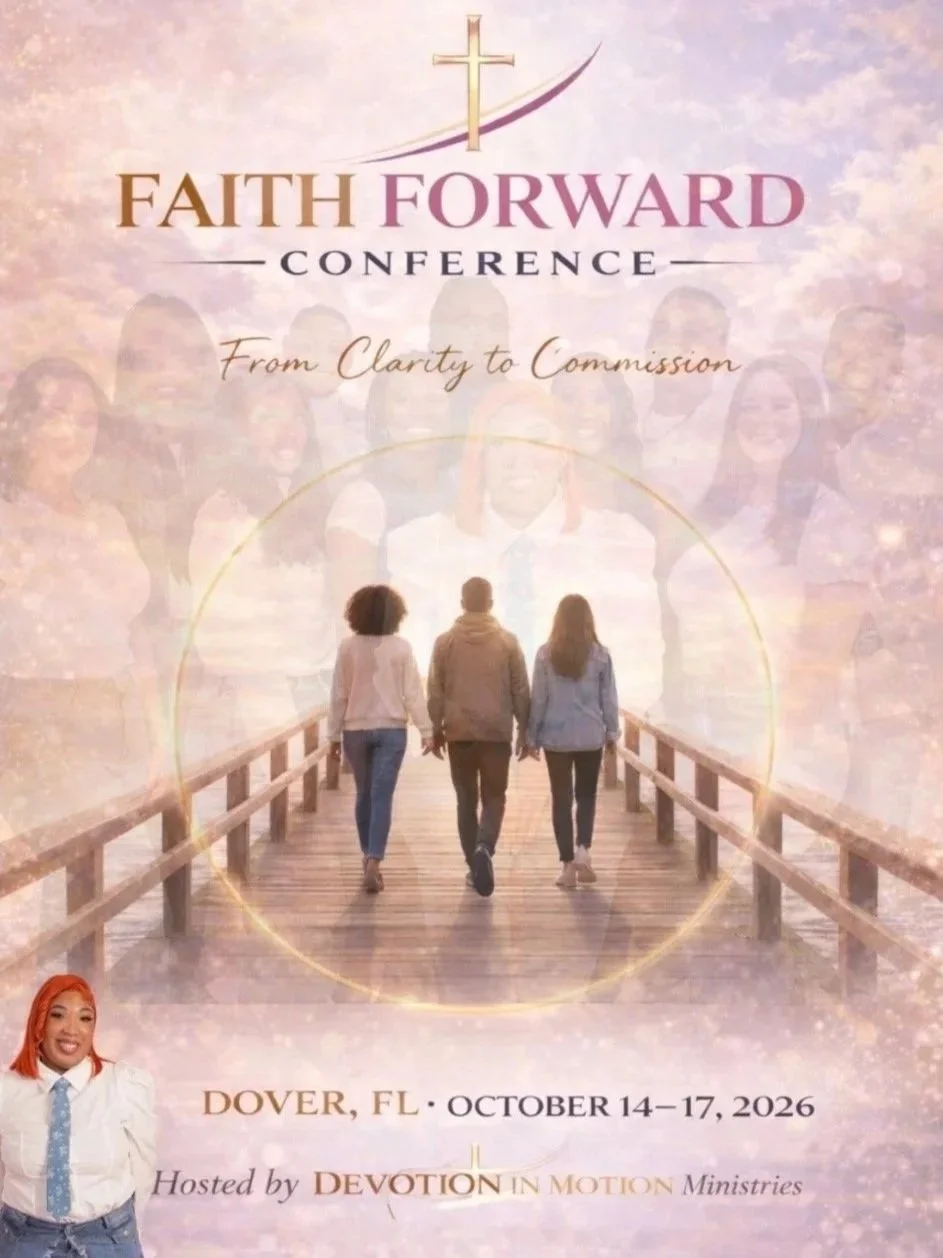 Promotional poster for the Faith Forward Conference happening in Dover, Florida from October 14 to 17, 2026, hosted by Devotion in Motion Ministries, featuring a background of a bridge with people walking on it, a pastel-colored sky, and a faint overlay of group photos.