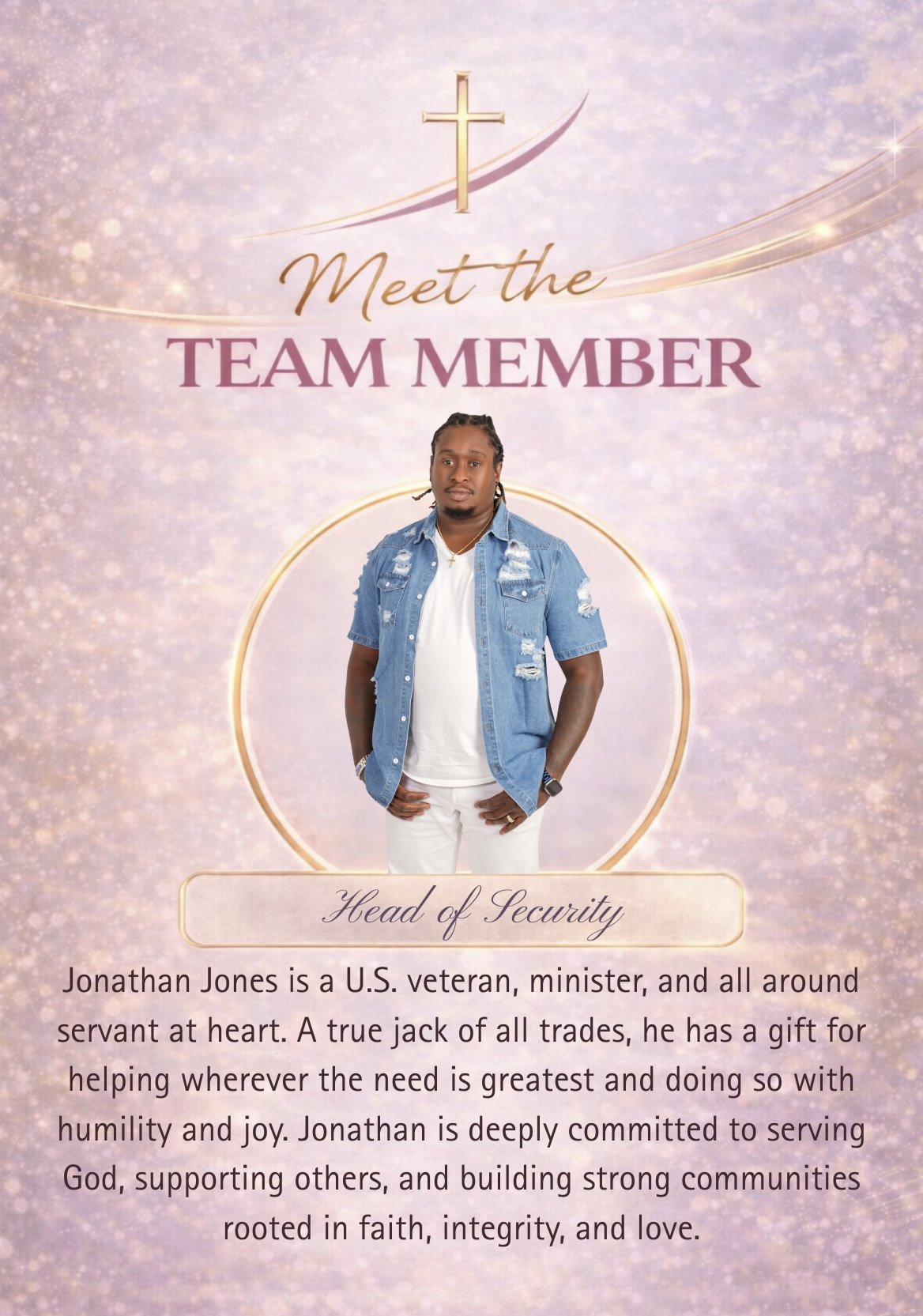 Profile image of Jonathan Jones, a man in a denim jacket and white outfit, standing against a pink, purple, gold, and white background with text that introduces him as Head of Security and describes his role.