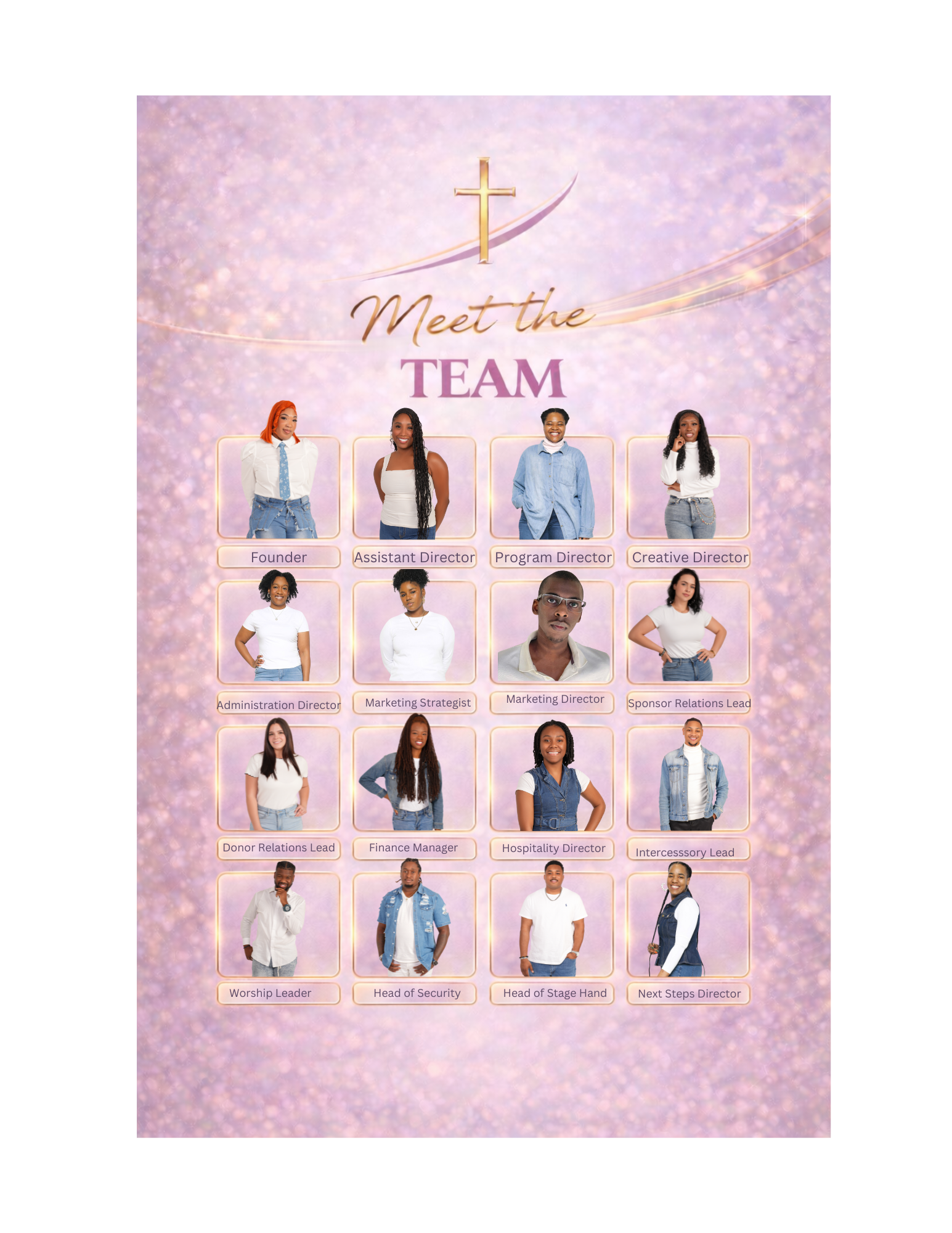 Group photo of diverse young professionals with titles such as Founder, Assistant Director, Program Director, Creative Director, and others, against a pink and purple background with a cross and the text 'Meet the Team'.