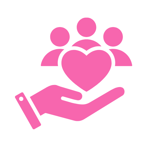 Pink icon of a hand holding a heart with three people above it, symbolizing care or community support.