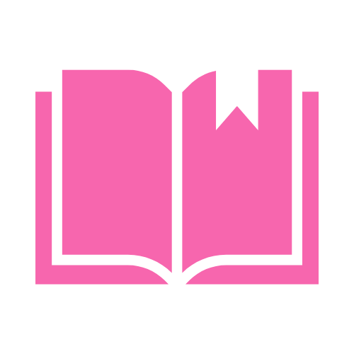 Pink open book icon with black outline on black background.