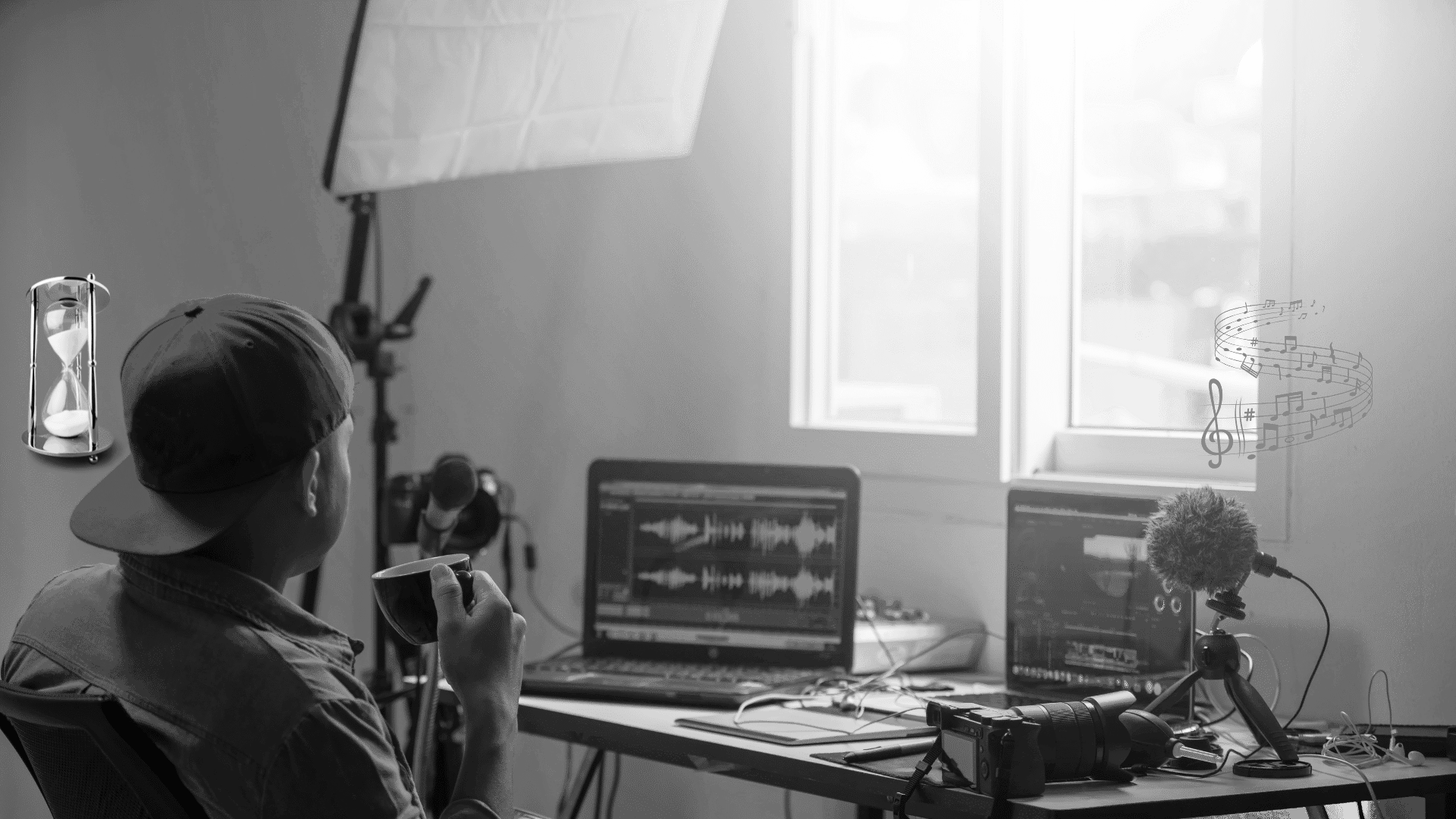 A person with a baseball cap is sitting at a desk in a recording studio, holding a mug, with audio editing software on two computer screens and music notes floating in the air, suggesting music creation or editing.