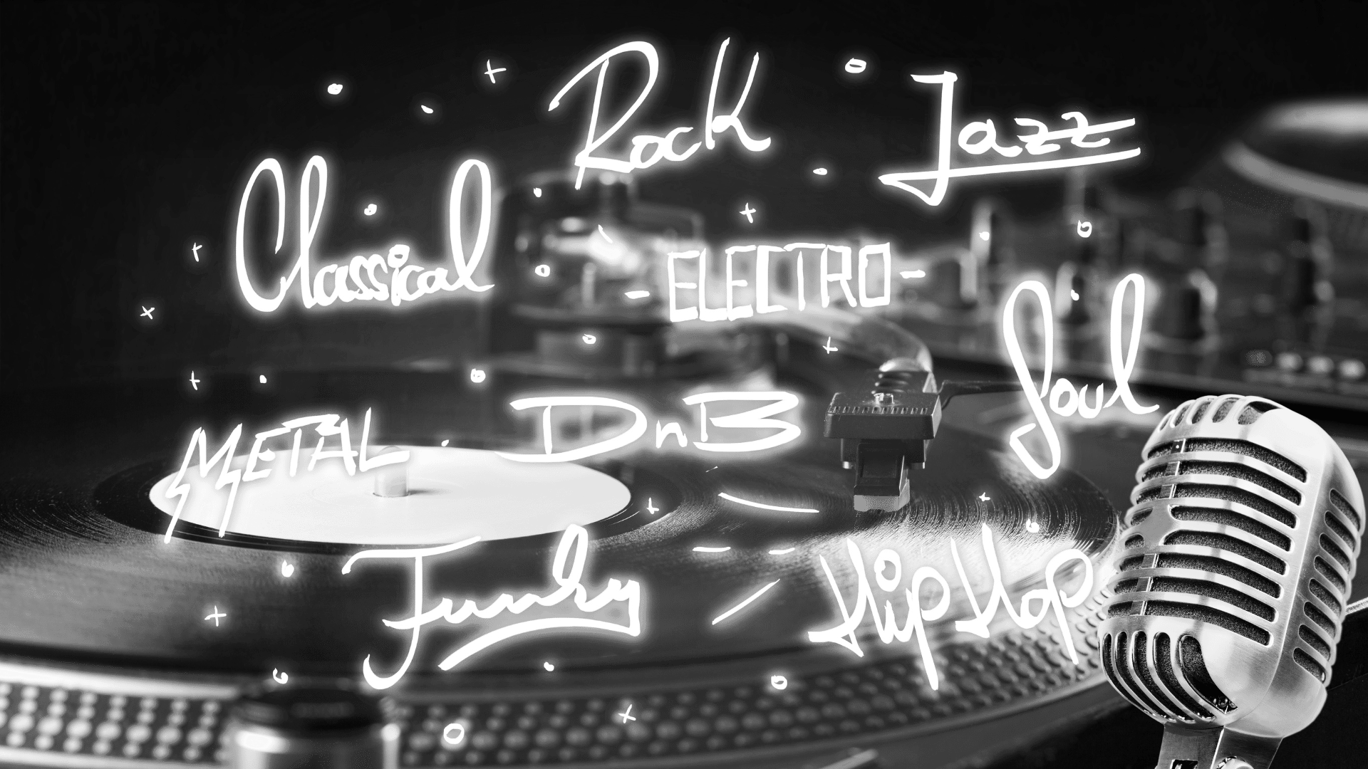 Neon signs with music genres and elements, including 'Classical,' 'Rock,' 'Jazz,' 'Electro,' 'Soul,' 'Metal,' and 'DnB,' are overlaid on a turntable with a vintage microphone in the foreground, in a black and white photo.