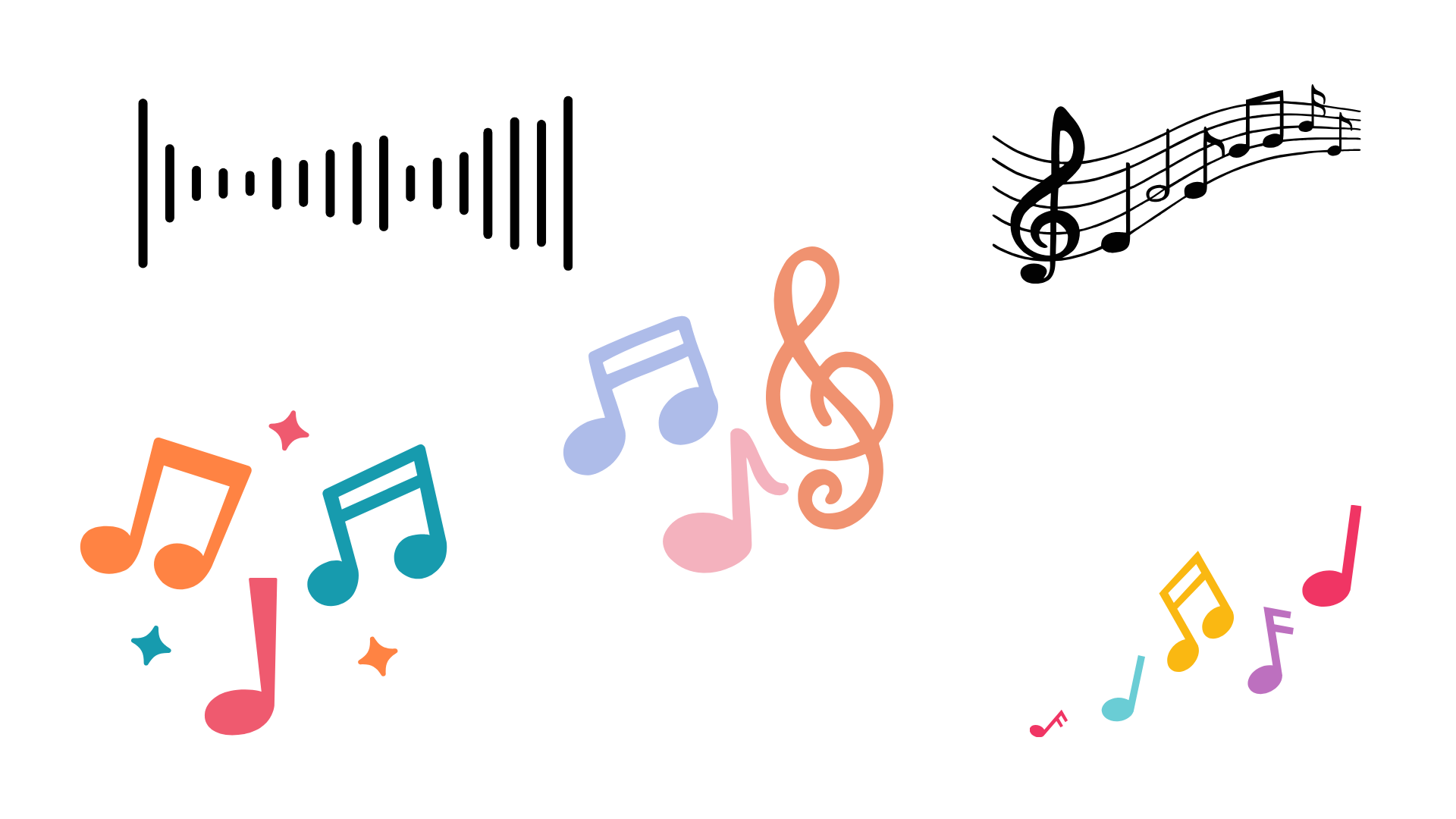 Colorful musical notes on and stars swirling around a 'Music' on sayitwithasong.me.