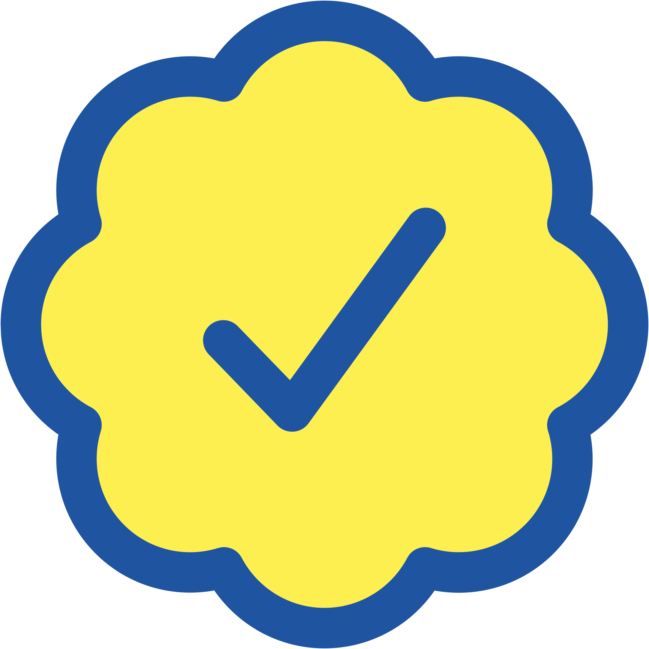 A yellow flower-shaped background with a blue outline and a blue check mark in the center.