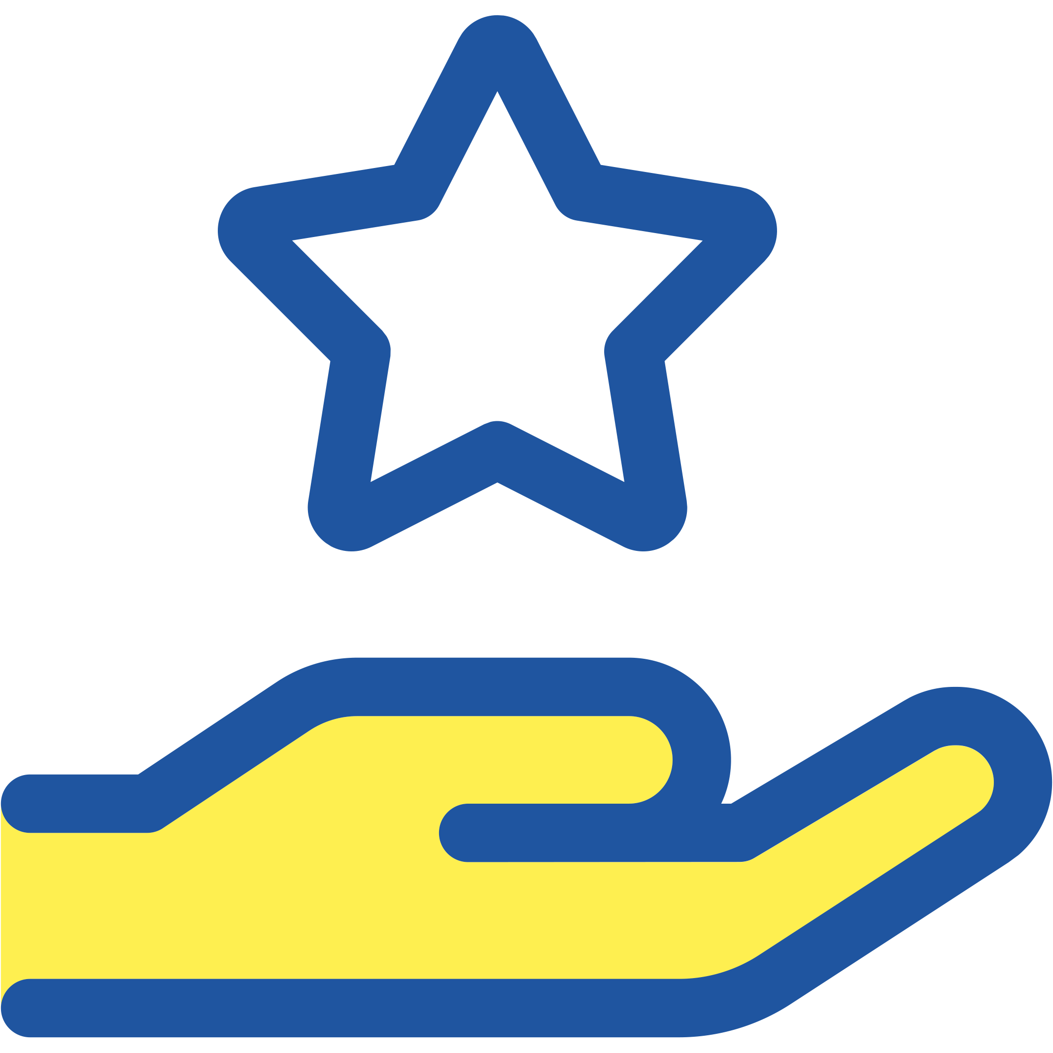 A yellow hand with blue outlines holding a blue star-shaped outline