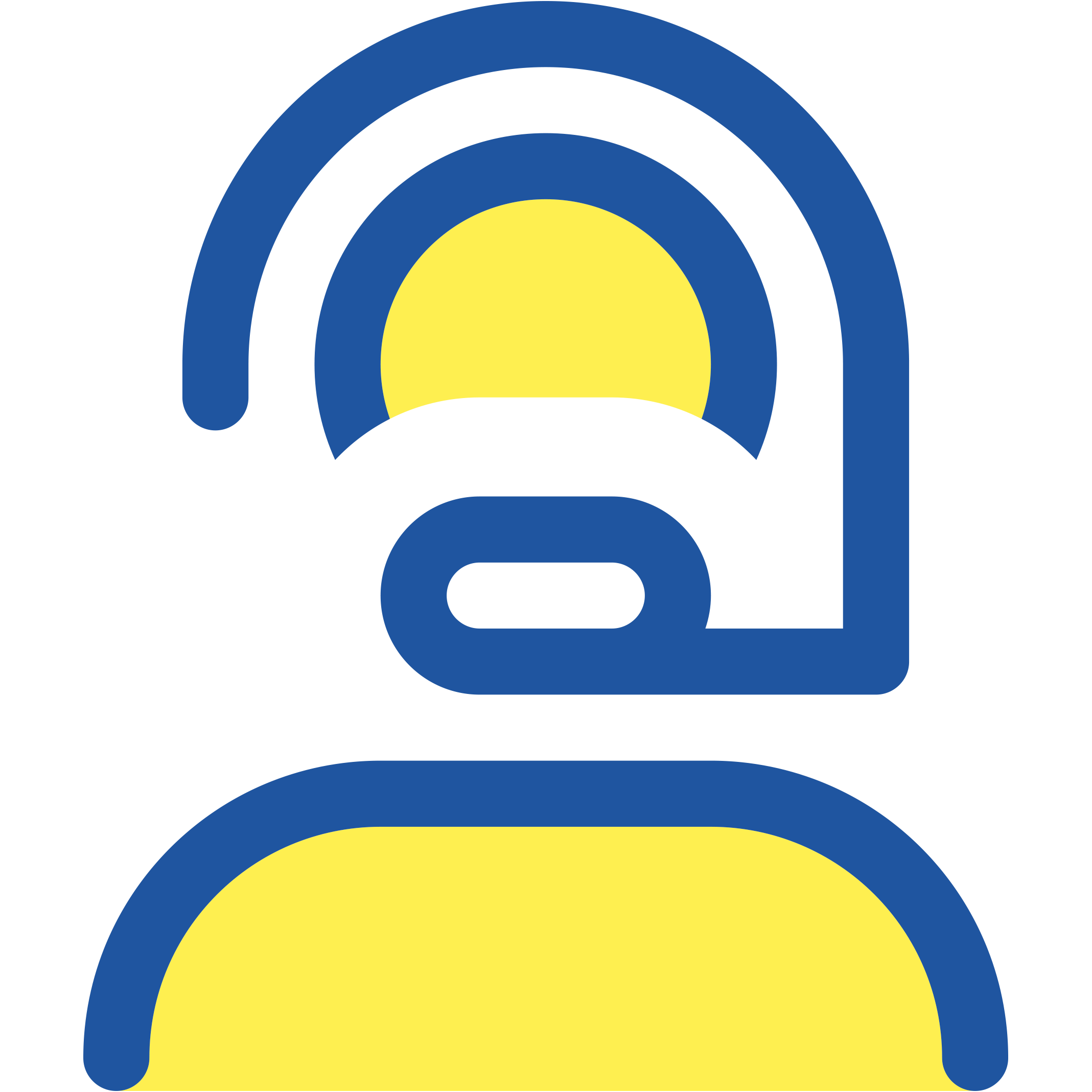 Stylized logo with a yellow sun, a blue arch, and a blue and yellow abstract figure, suggesting a sunrise or sunset scene.