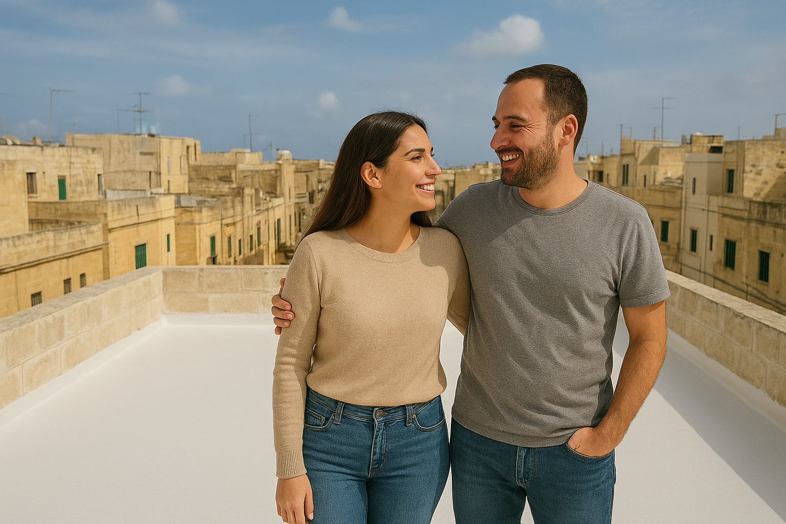 A smiling couple stands close together on a rooftop terrace under a blue sky, with old beige European-style buildings in the background.