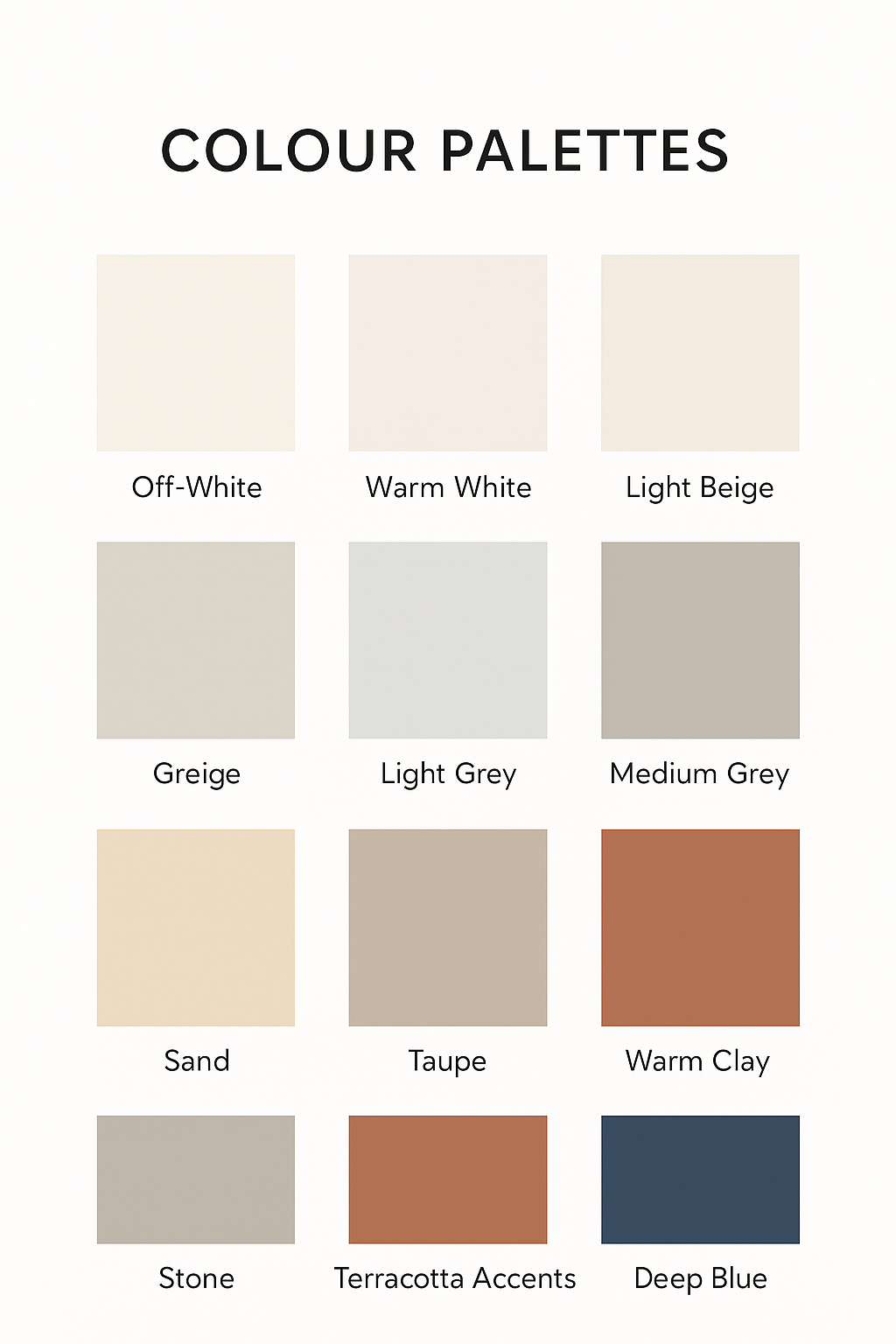 A color palette chart with twelve color swatches labeled Off-White, Warm White, Light Beige, Greige, Light Grey, Medium Grey, Sand, Taupe, Warm Clay, Stone, Terracotta Accents, and Deep Blue.