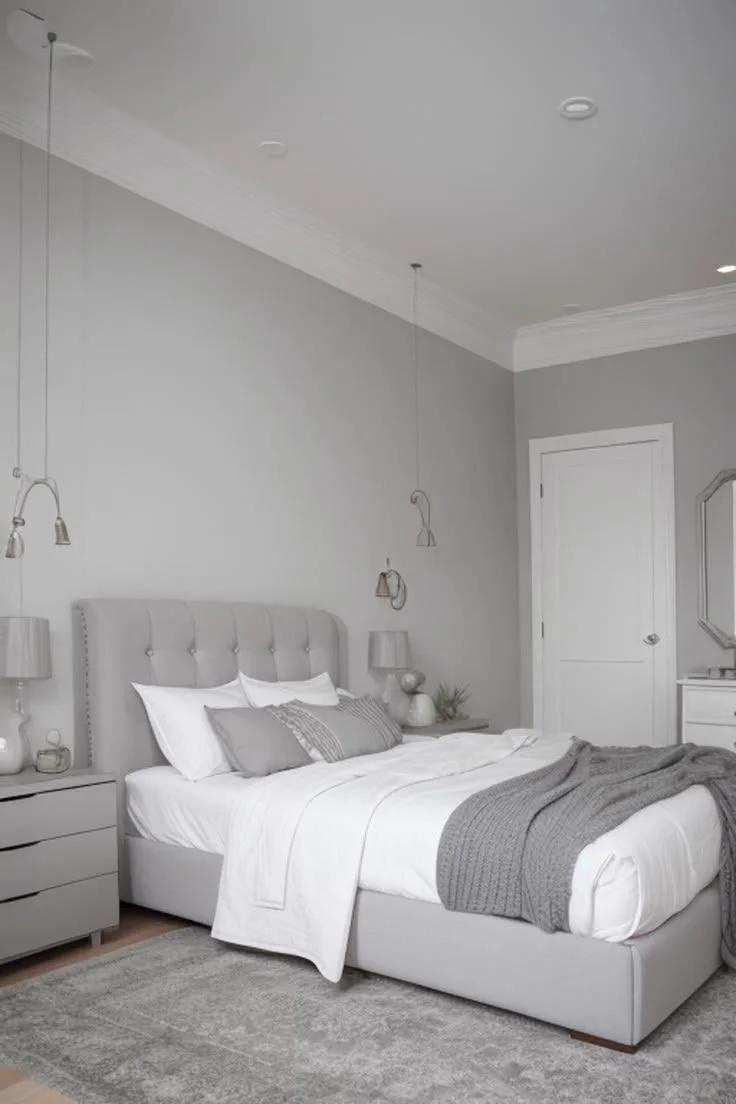Cool paint colour used in a bedroom to create a calm and relaxing interior in a home