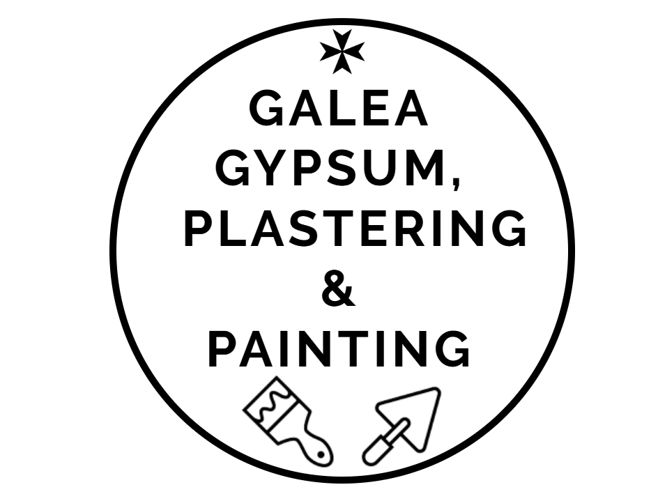 Graphic design with text that reads "Galea Gypsum, Plastering & Painting" and includes icons of a paint roller and trowel.