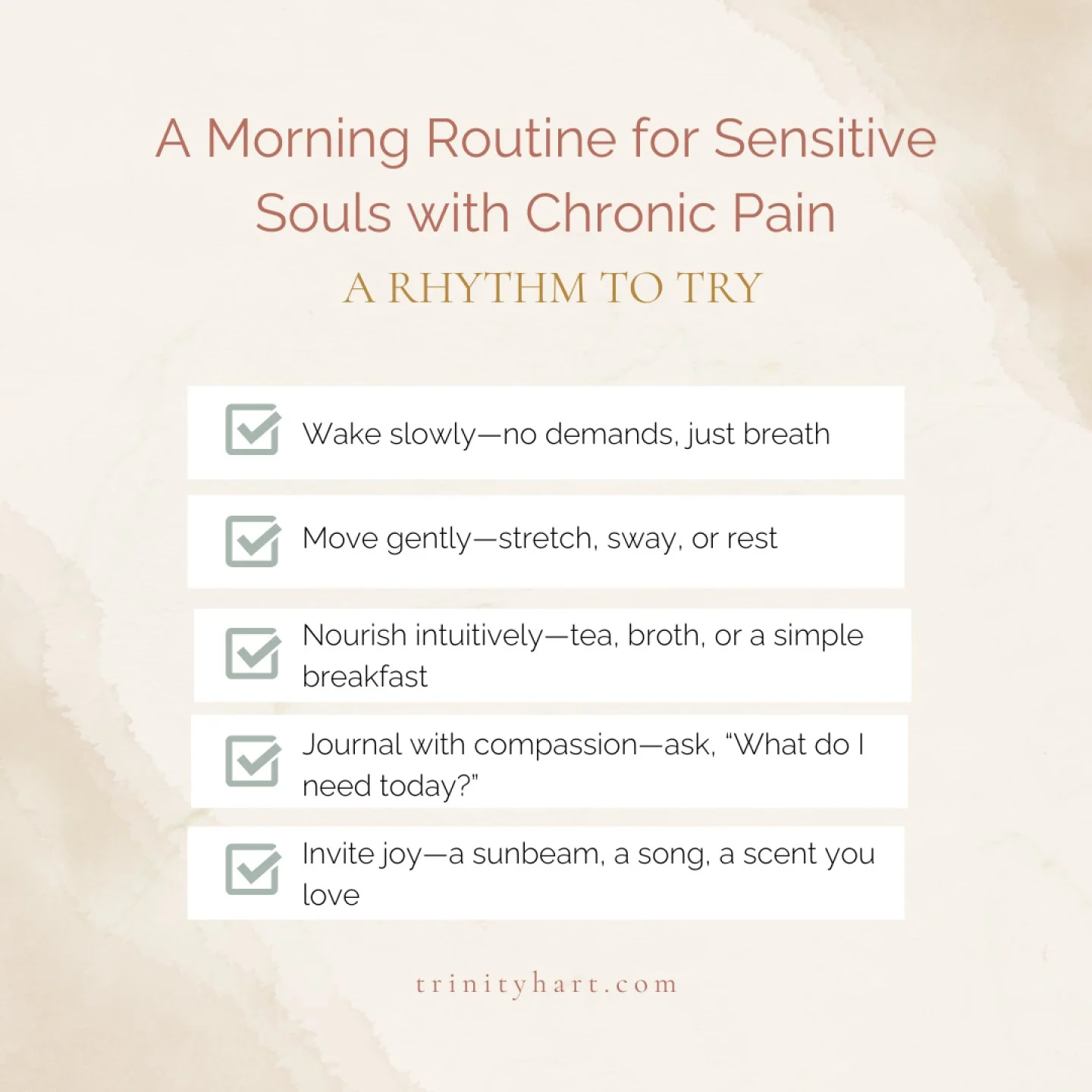 A Morning Routine for Sensitive Souls with Chronic Pain

Your mornings don&rsquo;t need to be perfect. They just need to be yours.

For sensitive women living with chronic pain, the start of the day can feel heavy. But with gentle intention, it can b