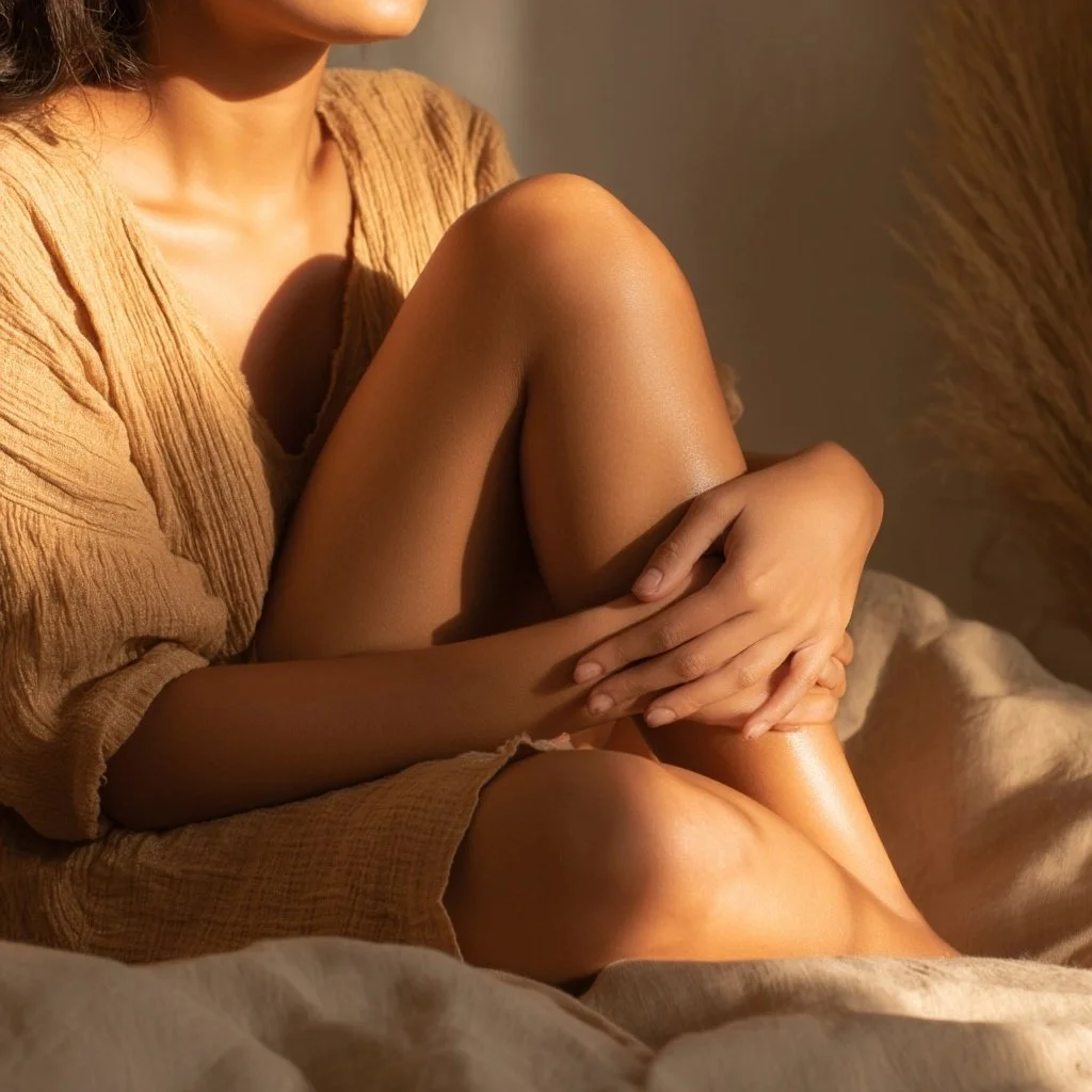 Person in cozy sweater lying in bed, covered with white blanket, with tissues in a box and a mug on nightstand nearby.