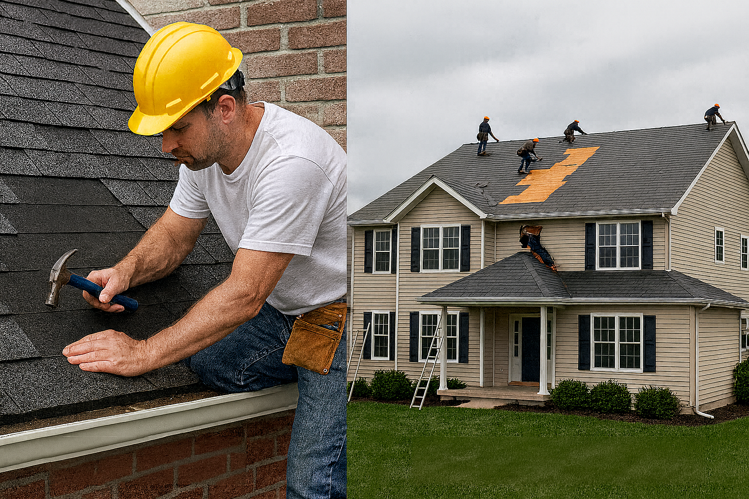 A man wearing a yellow hard hat, white t-shirt, and jeansrepairing shingles on a roof, using a hammer. The house is a large two-story home with beige siding, white trim, and black shutters. Several workers are visible on the roof completing the roofing work.
