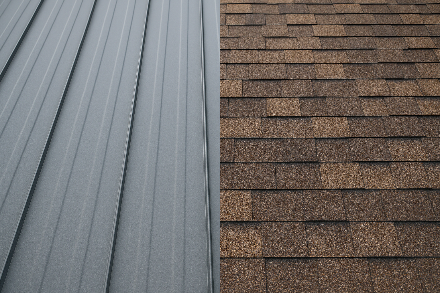 Close-up of two different types of roofing materials—metal panels on the left and asphalt shingles on the right.
