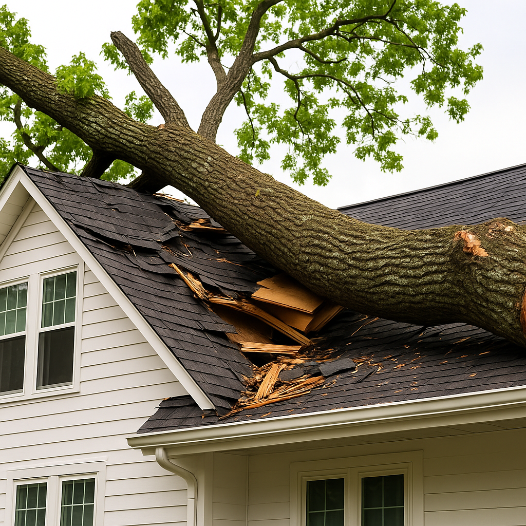 A large tree has fallen onto the roof of a house, causing significant damage to the shingles and visible wood and debris.